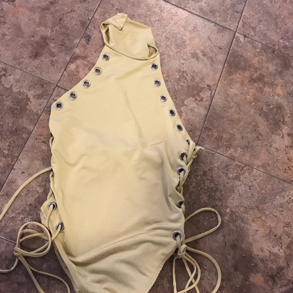 Women’s yellow tie up side halter bodysuit